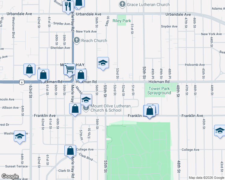 map of restaurants, bars, coffee shops, grocery stores, and more near 2217 53rd Street in Des Moines