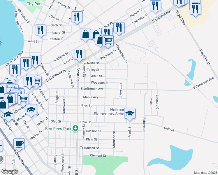 map of restaurants, bars, coffee shops, grocery stores, and more near 512 Woodson St in La Porte