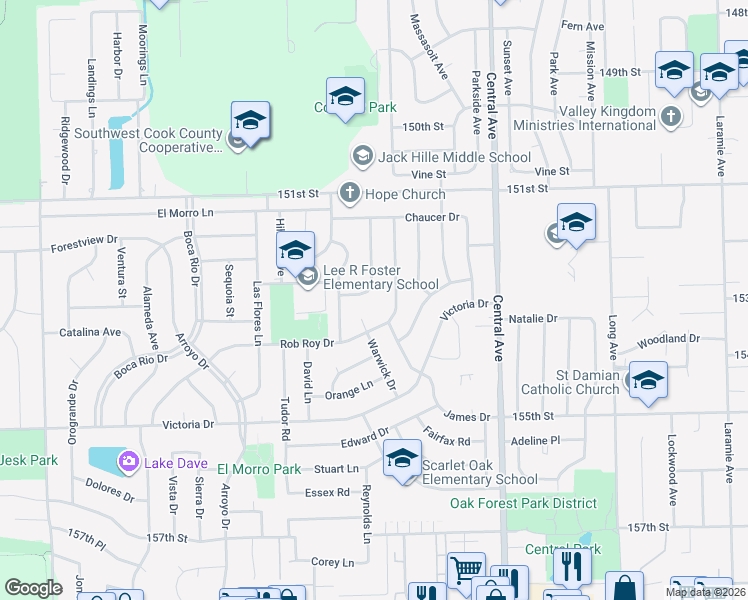 map of restaurants, bars, coffee shops, grocery stores, and more near 15250 Colina Avenue in Oak Forest