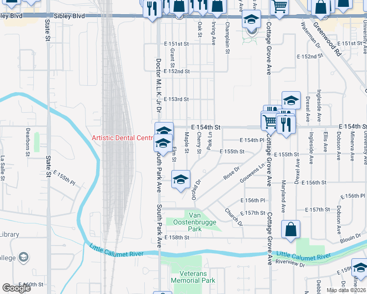 map of restaurants, bars, coffee shops, grocery stores, and more near 15440 Maple Street in South Holland