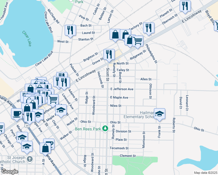 map of restaurants, bars, coffee shops, grocery stores, and more near 200-298 Woodson St in La Porte