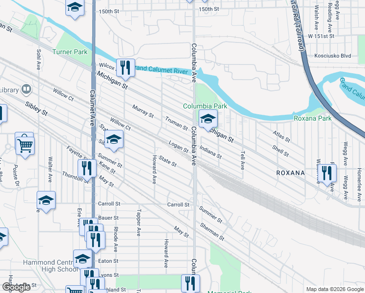 map of restaurants, bars, coffee shops, grocery stores, and more near 1150 Indiana Street in Hammond