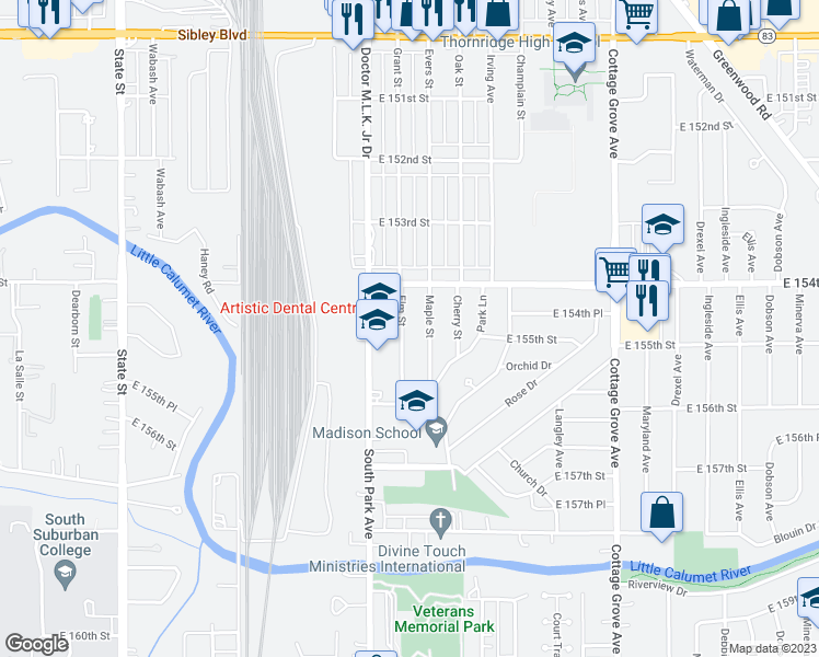 map of restaurants, bars, coffee shops, grocery stores, and more near 15439 Elm Street in South Holland