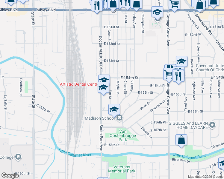 map of restaurants, bars, coffee shops, grocery stores, and more near 15439 Elm Street in South Holland