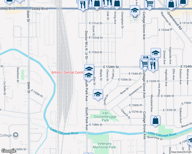 map of restaurants, bars, coffee shops, grocery stores, and more near 15425 Elm Street in South Holland