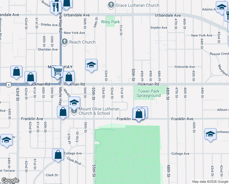 map of restaurants, bars, coffee shops, grocery stores, and more near 5114 Hickman Road in Des Moines