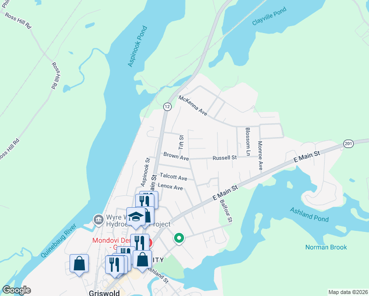 map of restaurants, bars, coffee shops, grocery stores, and more near 28 Tift Street in Griswold