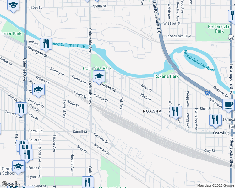 map of restaurants, bars, coffee shops, grocery stores, and more near 1329 Michigan Street in Hammond