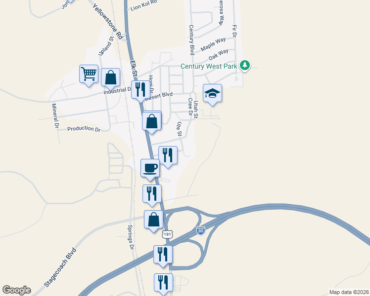map of restaurants, bars, coffee shops, grocery stores, and more near 1634 Utah Street in Rock Springs
