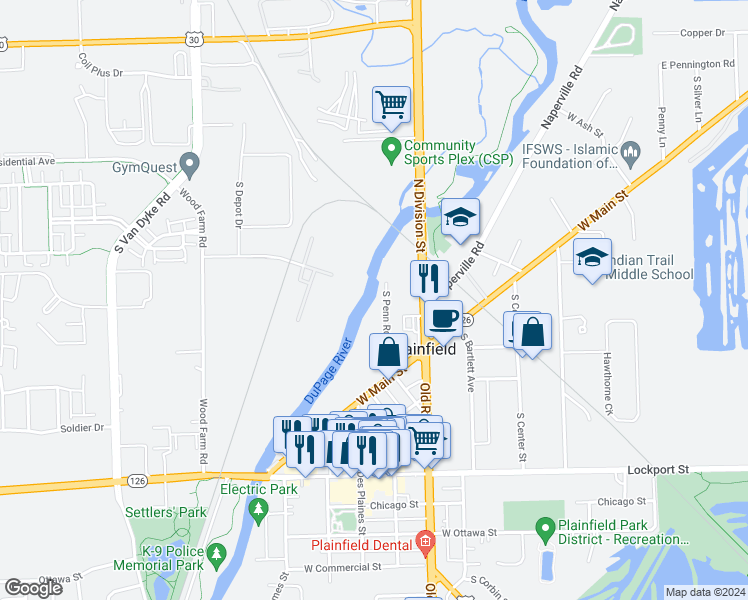 map of restaurants, bars, coffee shops, grocery stores, and more near 14724 South Penn Road in Plainfield
