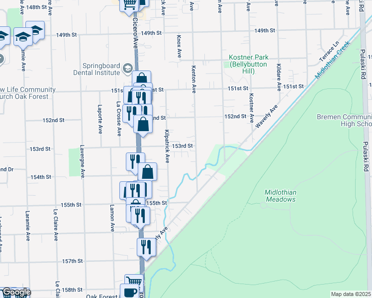 map of restaurants, bars, coffee shops, grocery stores, and more near 15301 Knox Avenue in Oak Forest