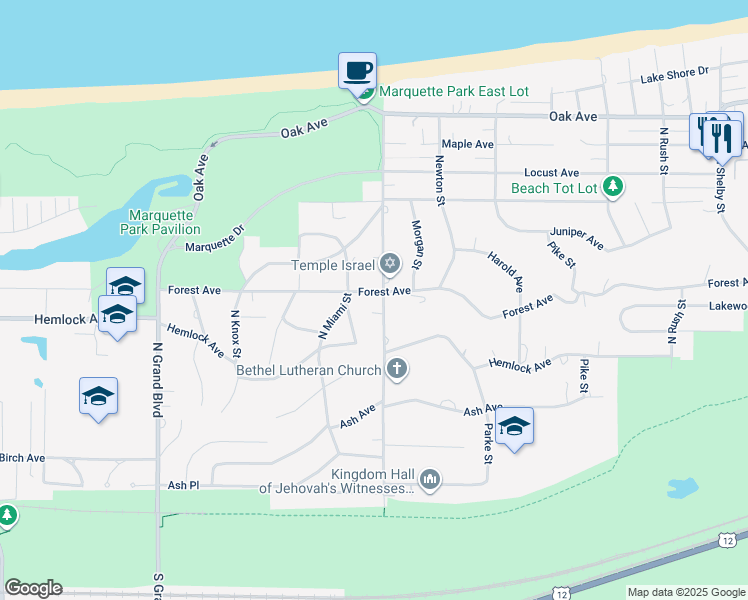 map of restaurants, bars, coffee shops, grocery stores, and more near 7130 Forest Avenue in Gary