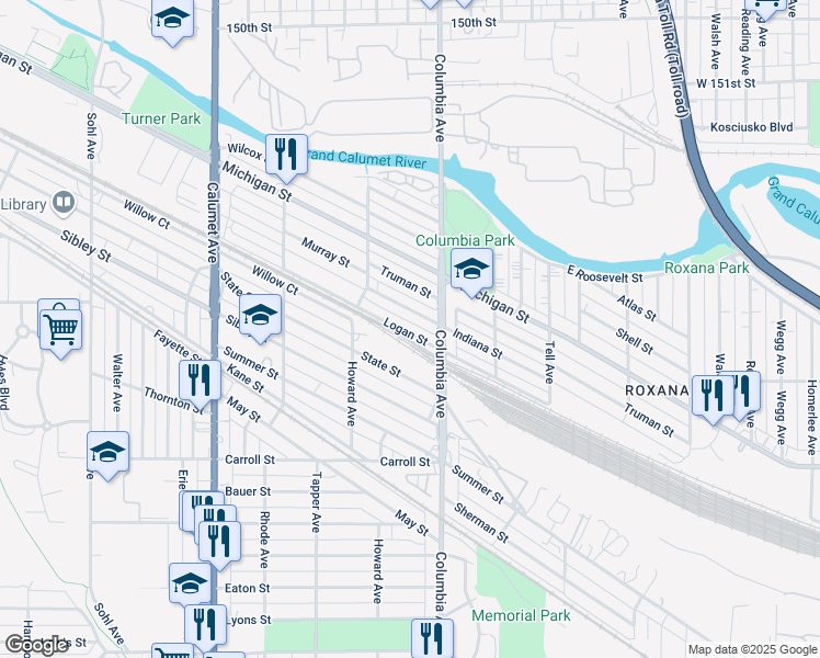 map of restaurants, bars, coffee shops, grocery stores, and more near 1145 Logan Street in Hammond
