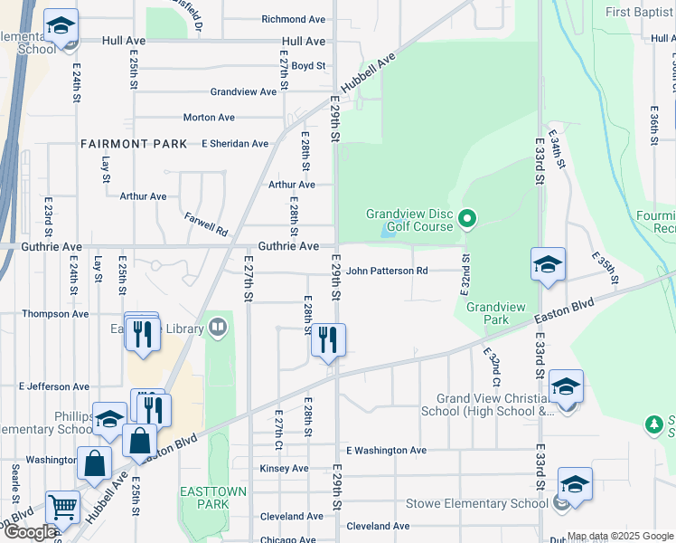 map of restaurants, bars, coffee shops, grocery stores, and more near 2901 John Patterson Road in Des Moines