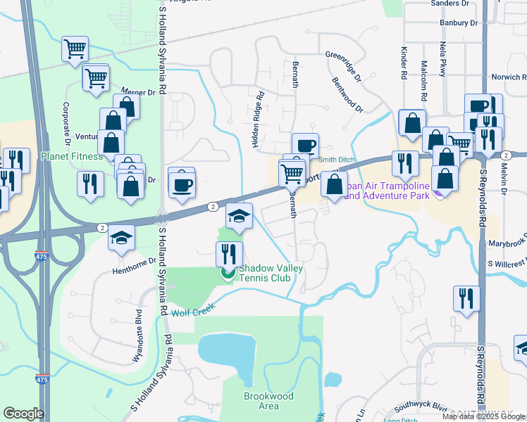 map of restaurants, bars, coffee shops, grocery stores, and more near 5702 Bernath Court in Toledo