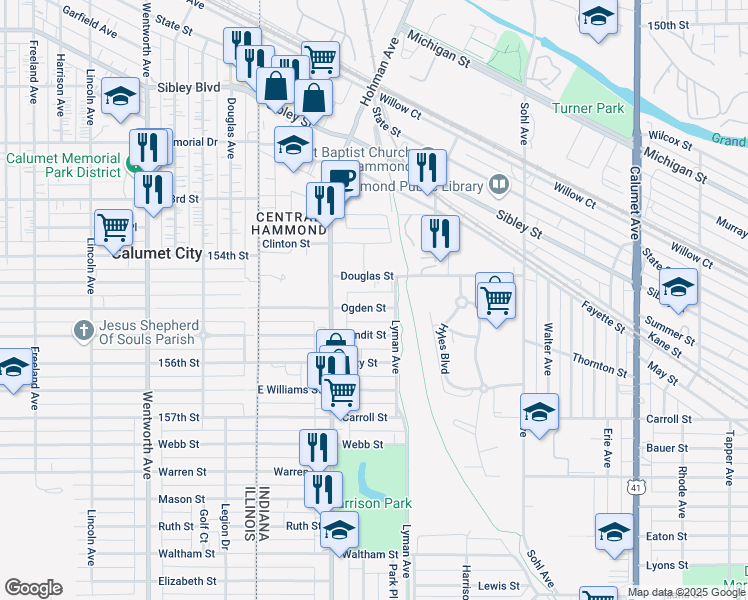 map of restaurants, bars, coffee shops, grocery stores, and more near in Hammond