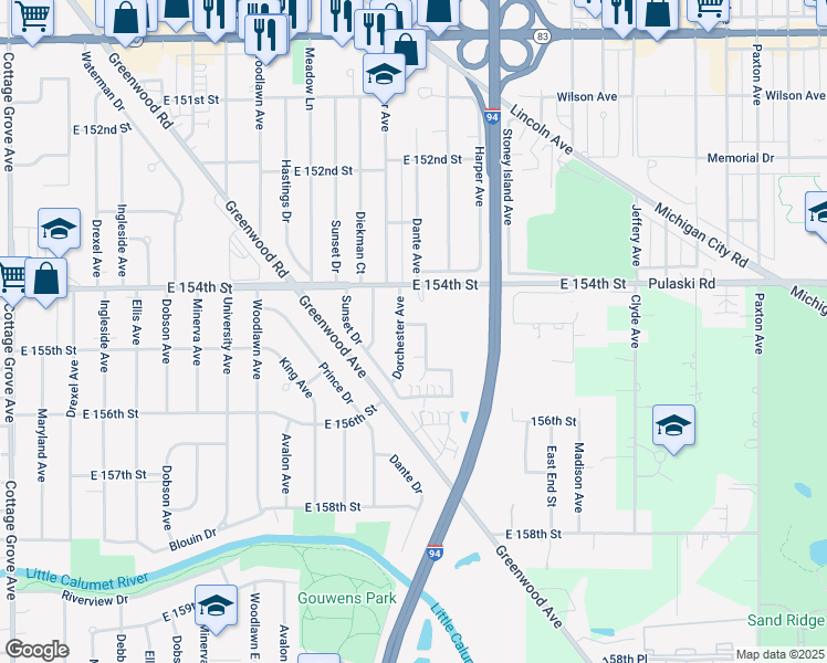 map of restaurants, bars, coffee shops, grocery stores, and more near 1424 East 154th Place in Dolton