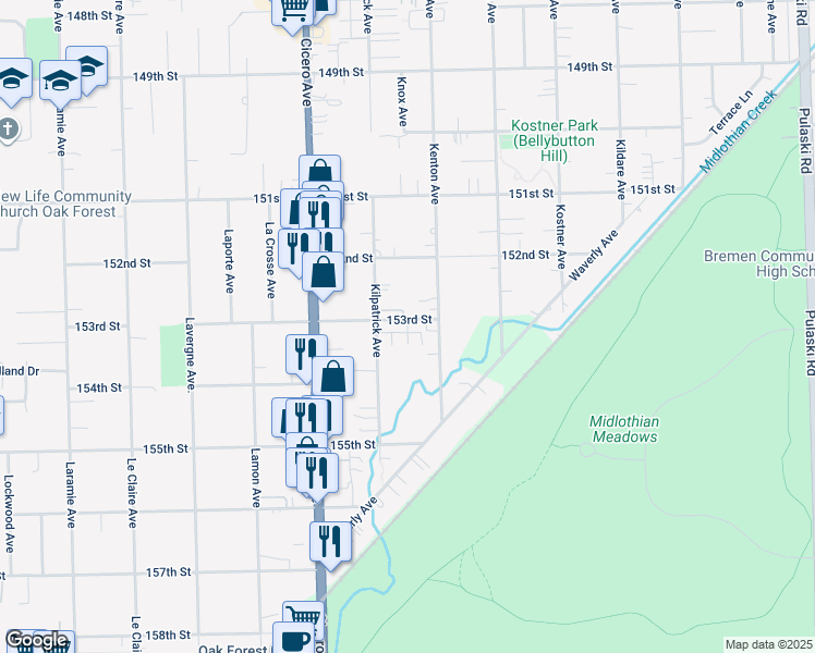 map of restaurants, bars, coffee shops, grocery stores, and more near 4640 153rd Street in Oak Forest