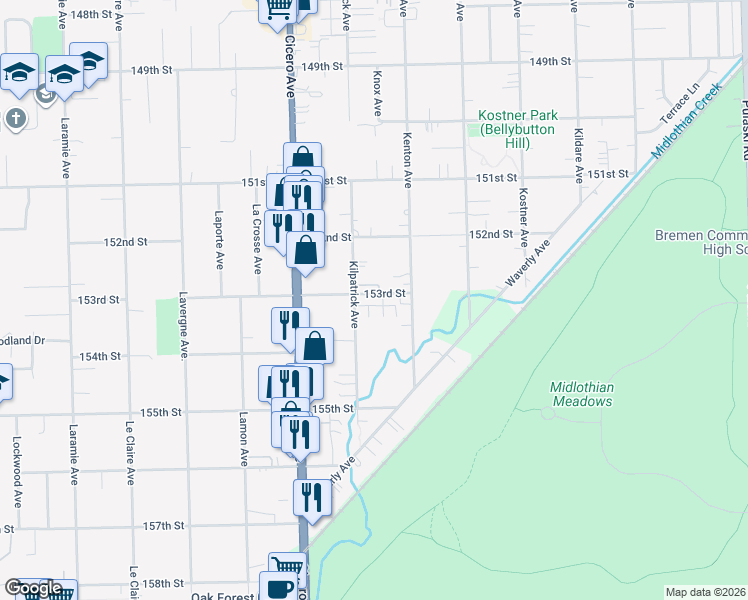 map of restaurants, bars, coffee shops, grocery stores, and more near 4640 153rd Street in Oak Forest