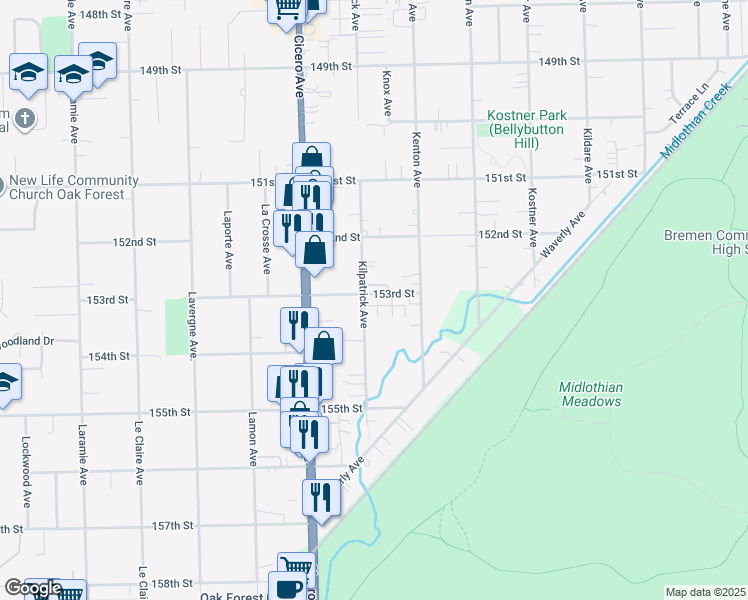 map of restaurants, bars, coffee shops, grocery stores, and more near 4640 153rd Street in Oak Forest