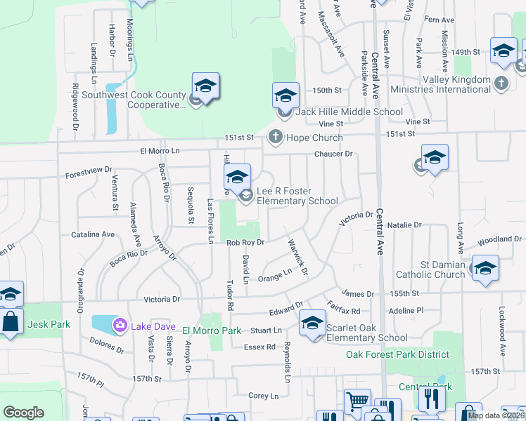 map of restaurants, bars, coffee shops, grocery stores, and more near 15236 Briar Lane in Oak Forest