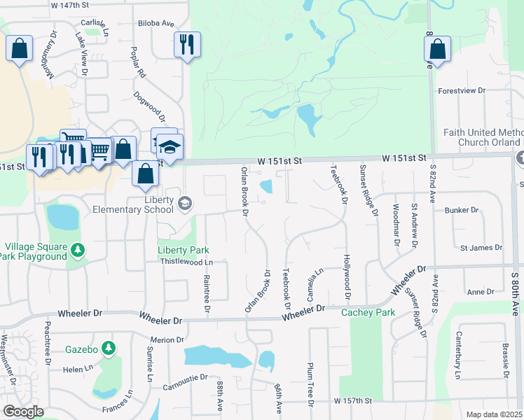 map of restaurants, bars, coffee shops, grocery stores, and more near 8614 Lexington Circle in Orland Park