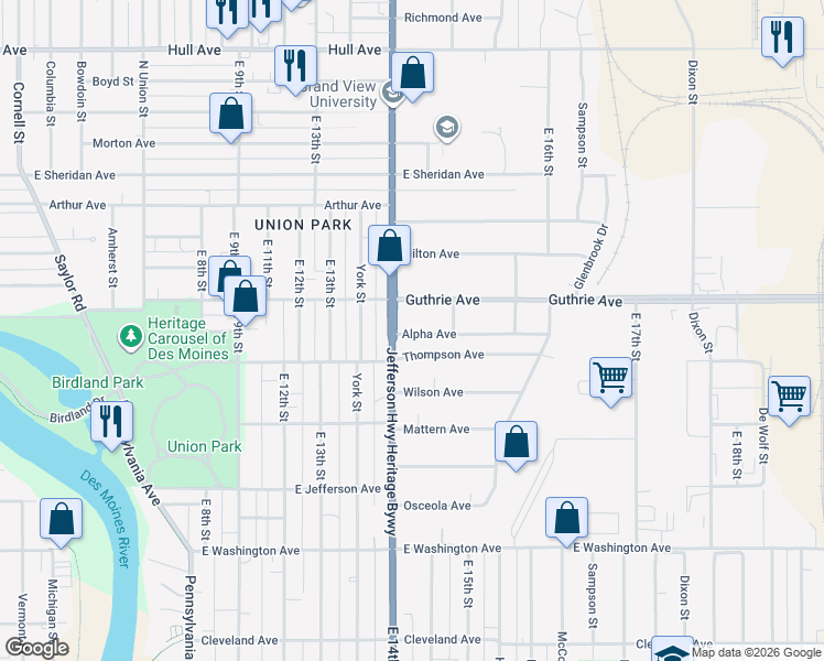 map of restaurants, bars, coffee shops, grocery stores, and more near 2211 East 14th Street in Des Moines