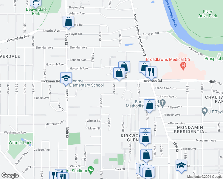map of restaurants, bars, coffee shops, grocery stores, and more near 2608 Hickman Road in Des Moines