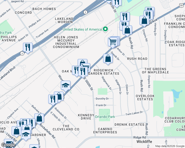 map of restaurants, bars, coffee shops, grocery stores, and more near 1531 Lee Terrace Drive in Wickliffe