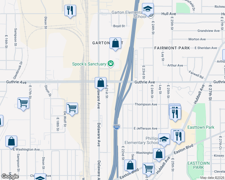 map of restaurants, bars, coffee shops, grocery stores, and more near 2221 Tichenor Street in Des Moines