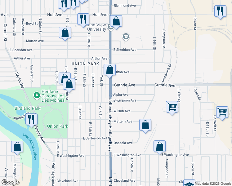 map of restaurants, bars, coffee shops, grocery stores, and more near 2211 East 14th Street in Des Moines