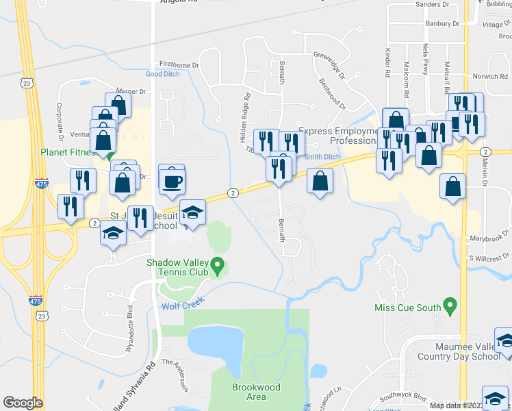 map of restaurants, bars, coffee shops, grocery stores, and more near 5705 Bernath Court in Toledo