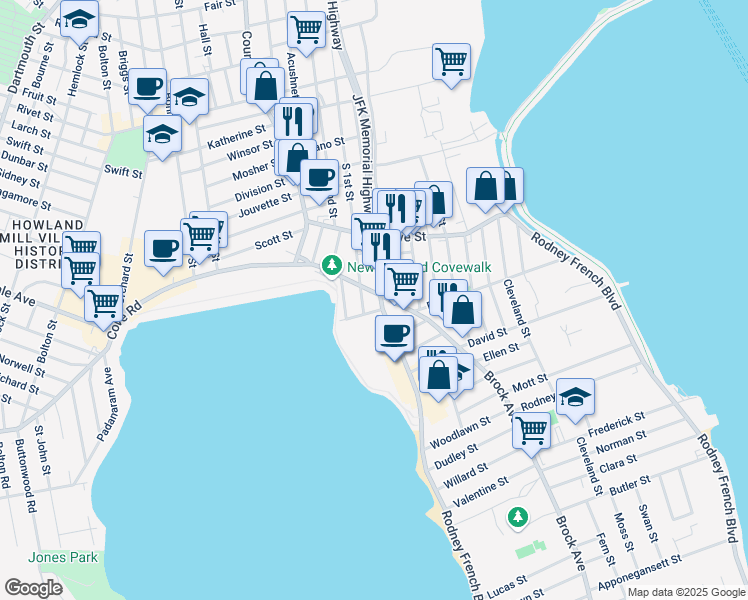 map of restaurants, bars, coffee shops, grocery stores, and more near 1037 Cove Road in New Bedford