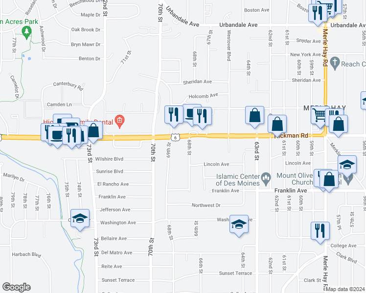 map of restaurants, bars, coffee shops, grocery stores, and more near 2226 68th Street in Windsor Heights