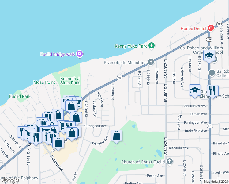 map of restaurants, bars, coffee shops, grocery stores, and more near 235 East 238th Street in Euclid