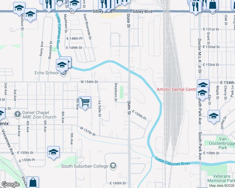 map of restaurants, bars, coffee shops, grocery stores, and more near 15445 Dearborn Street in South Holland