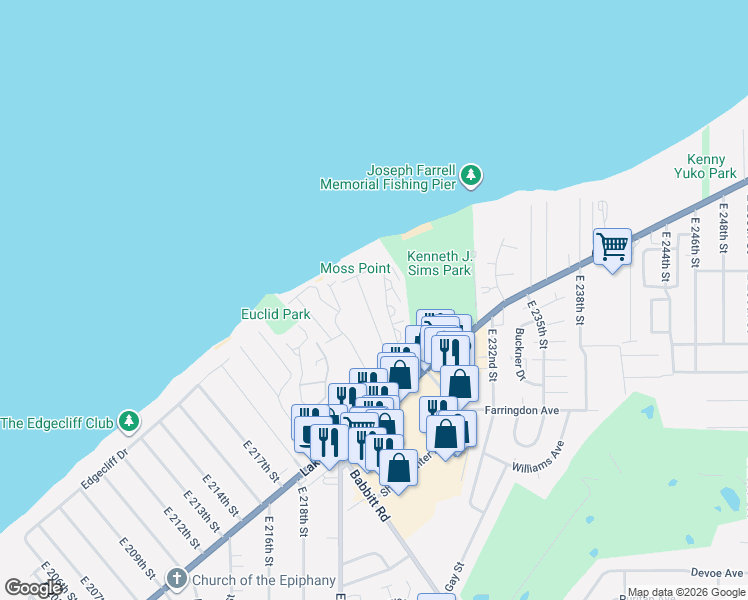 map of restaurants, bars, coffee shops, grocery stores, and more near 101 Edgecliff Drive in Euclid