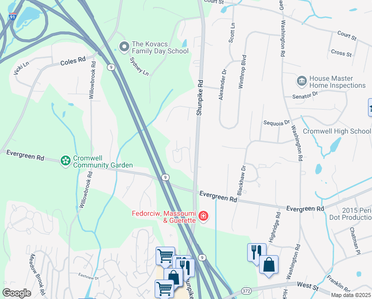 map of restaurants, bars, coffee shops, grocery stores, and more near 187 Woodland Drive in Cromwell