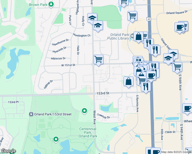 map of restaurants, bars, coffee shops, grocery stores, and more near 15155 West Avenue in Orland Park