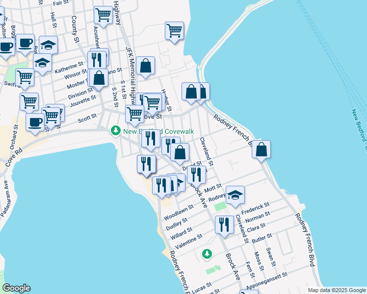 map of restaurants, bars, coffee shops, grocery stores, and more near 85-89 Ruth Street in New Bedford