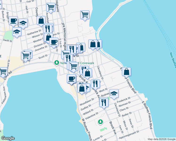 map of restaurants, bars, coffee shops, grocery stores, and more near 85-89 Ruth Street in New Bedford