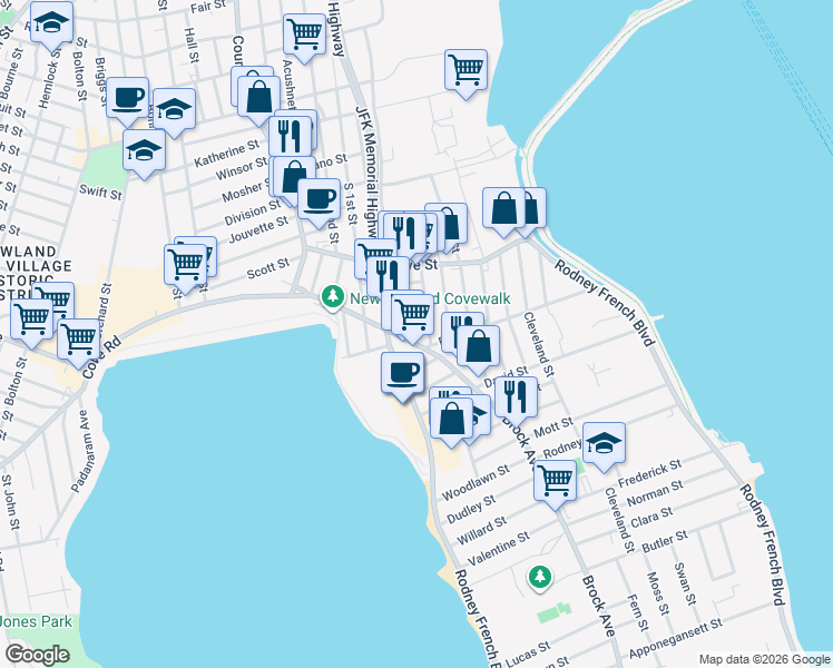 map of restaurants, bars, coffee shops, grocery stores, and more near 9 Harmony Street in New Bedford