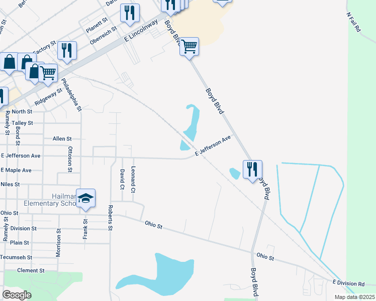 map of restaurants, bars, coffee shops, grocery stores, and more near 1601 East Jefferson Avenue in La Porte