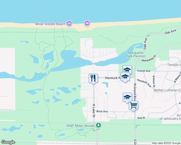 map of restaurants, bars, coffee shops, grocery stores, and more near 615 North Lake Street in Gary