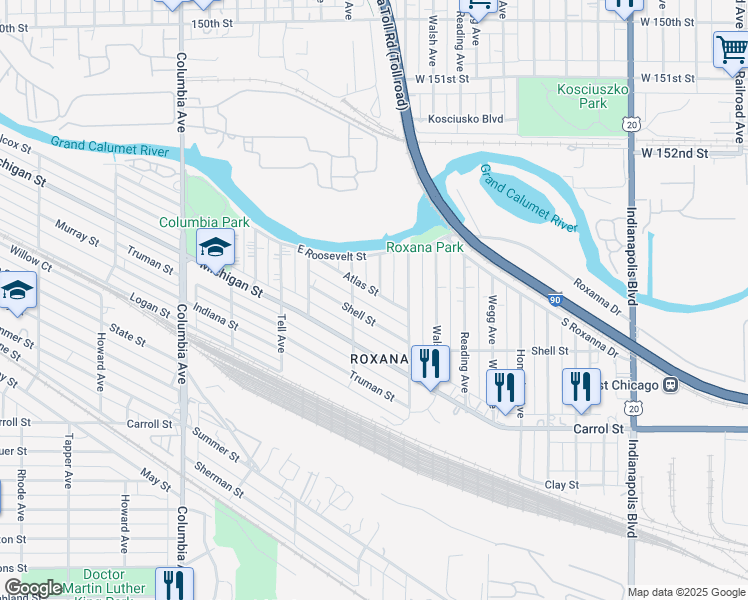 map of restaurants, bars, coffee shops, grocery stores, and more near 5438 Birch Avenue in Hammond