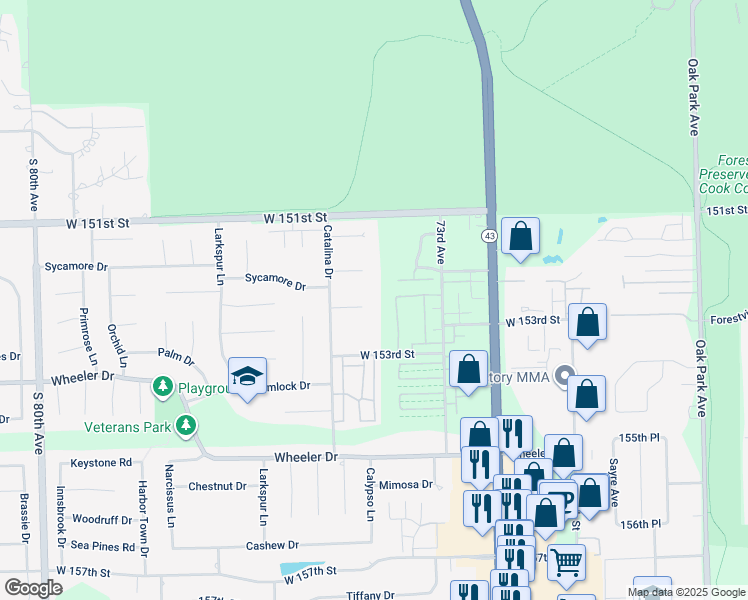 map of restaurants, bars, coffee shops, grocery stores, and more near 7439 Sycamore Court in Orland Park