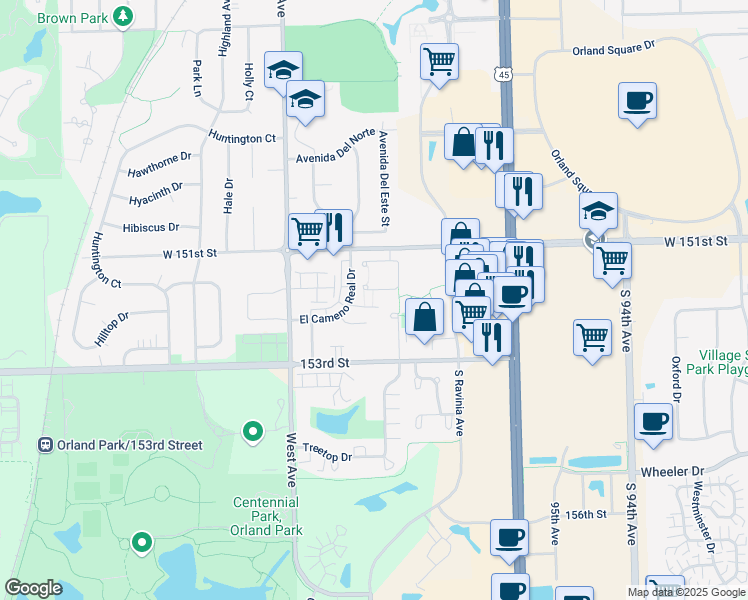 map of restaurants, bars, coffee shops, grocery stores, and more near 9855 El Cameno Lane in Orland Park
