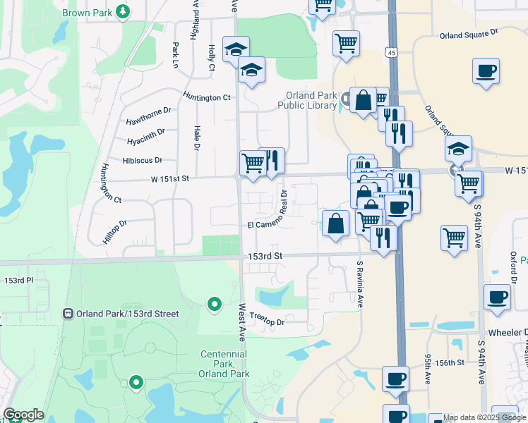 map of restaurants, bars, coffee shops, grocery stores, and more near 9955 Franchesca Court in Orland Park