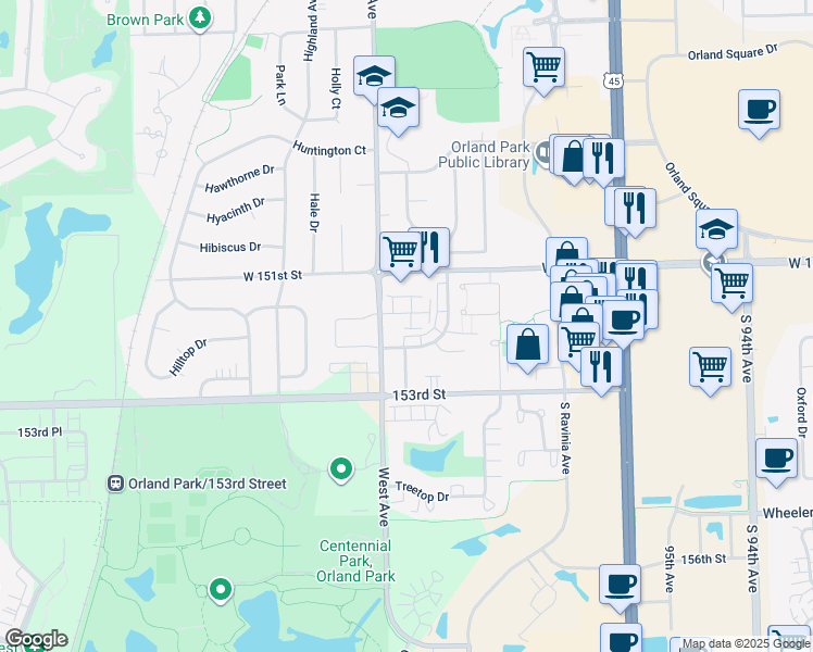 map of restaurants, bars, coffee shops, grocery stores, and more near 15155 West Avenue in Orland Park