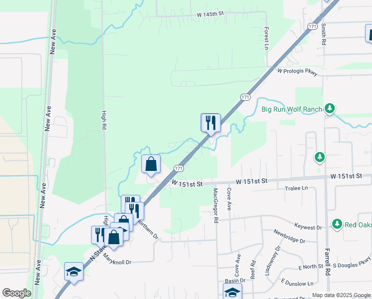 map of restaurants, bars, coffee shops, grocery stores, and more near 14950 Archer Avenue in Lockport